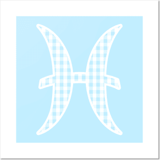 Pisces Zodiac Horoscope Symbol in Pastel Blue and White Gingham Pattern Posters and Art